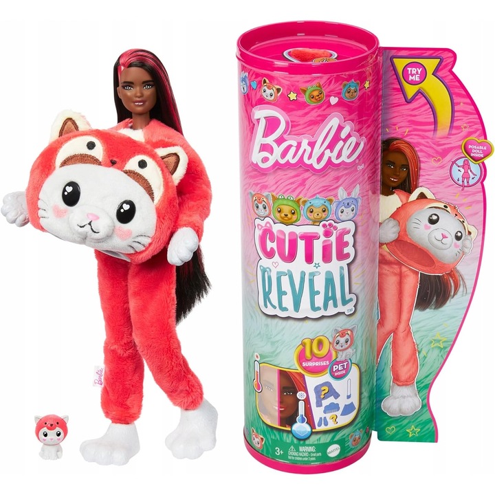 Barbie Cutie Reveal baba piros panda jelmezben, 10 meglepetés, 29 cm