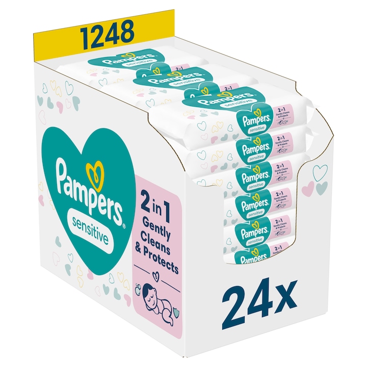 Мокри кърпички Pampers Sensitive, 24 опаковки x 52 броя, деликатна грижа за бебешката кожа