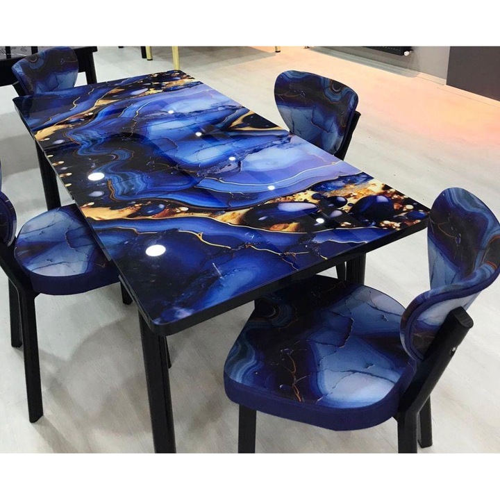 Set Masa Extensibilă, Modella Concept, cu 6 Scaune, Albastru/Auriu, 80x130/80x170 cm