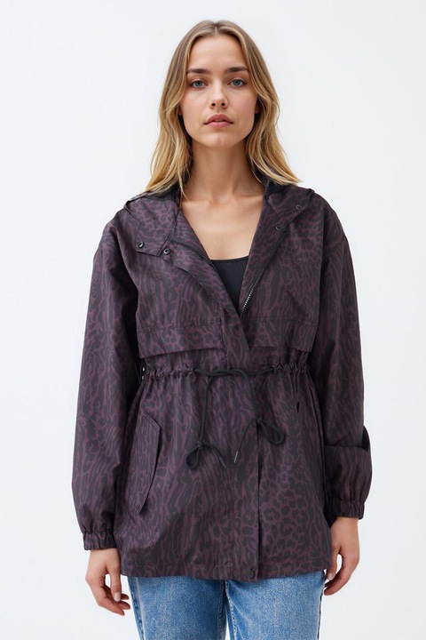 JIMMY KEY, Jacheta cu gluga si animal print, Negru stins/Violet pruna, S-M