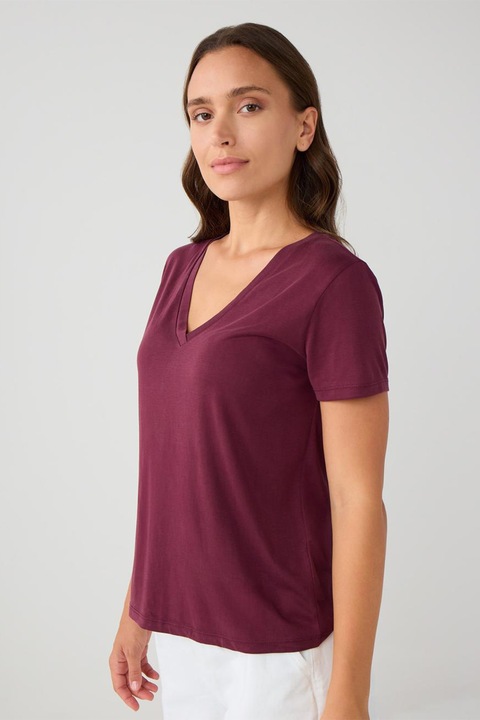 JIMMY KEY, Tricou din amestec de modal cu decolteu in V, Visiniu