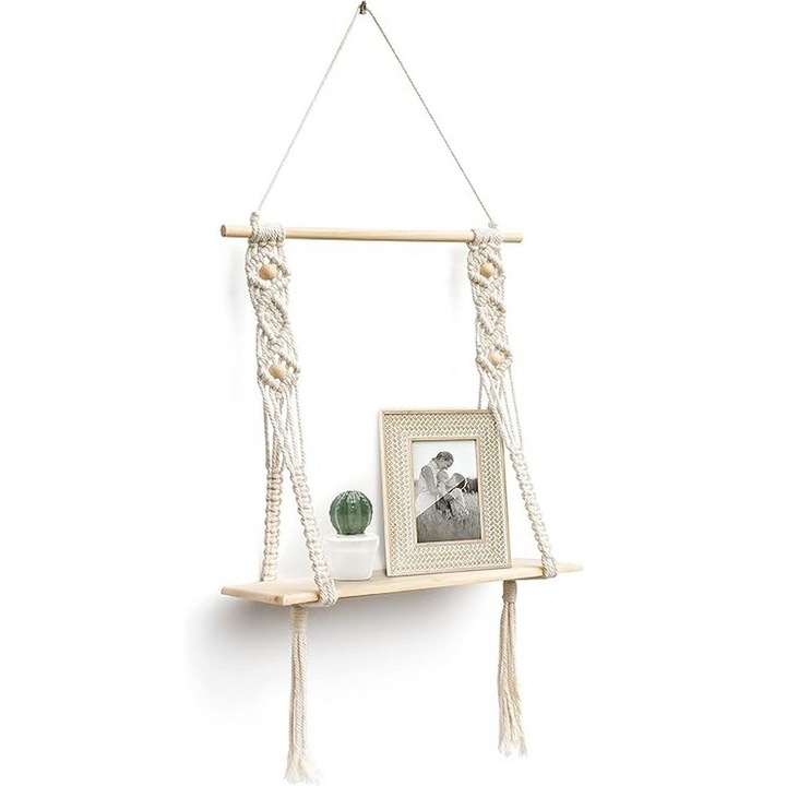 Etajera de perete din macrame, bej, 39 x 12,5 x 92 cm, Afuly