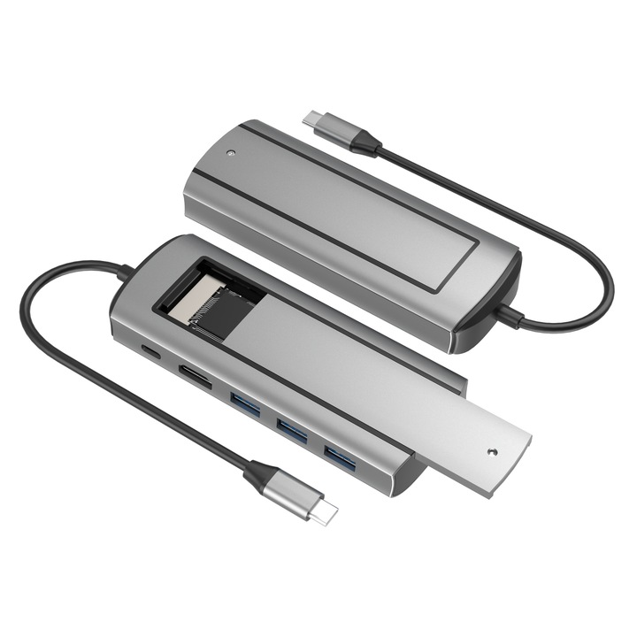 6 az 1-ben USB-C HUB dokkolóállomás NVMe + SATA SSD foglalattal, HDMI 4K UHD portokkal, USB 3.0 x 3, USB Type-C PD 100W – Multifunkciós adapter, kompatibilis MacOS, Windows, Linux, Android rendszerekkel + USB-C - USB-A 3.0 adapter