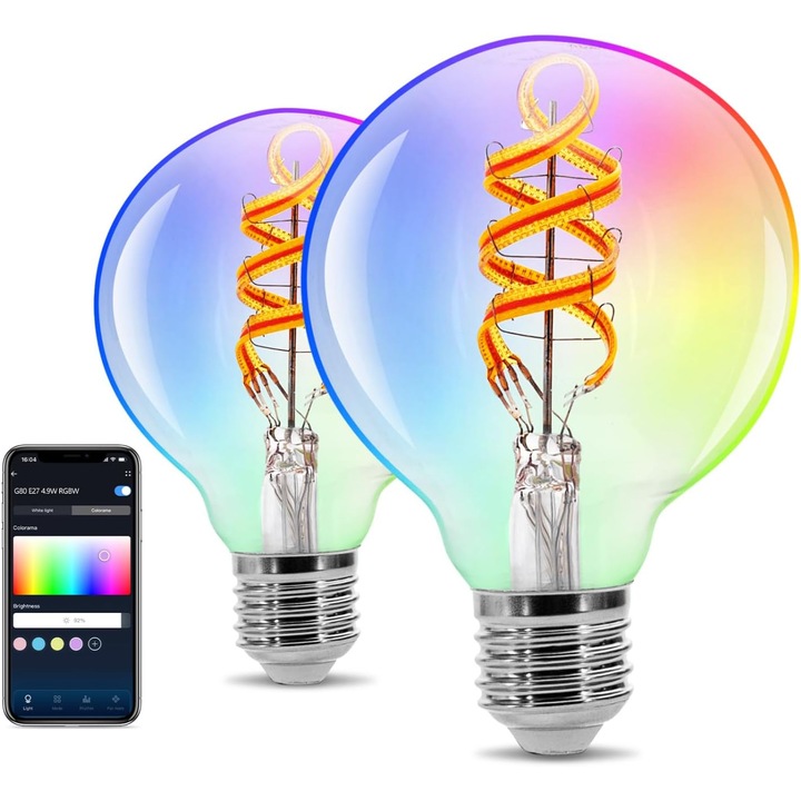 Set 2 x Bec LED Inteligent Aigostar WiFi 4.9W – Control prin Voce & Aplicatie, Compatibil Alexa & Google Assistant, 16 Milioane Culori, 70 Moduri Scena, Muzica Sync, Timer & Economie de Energie