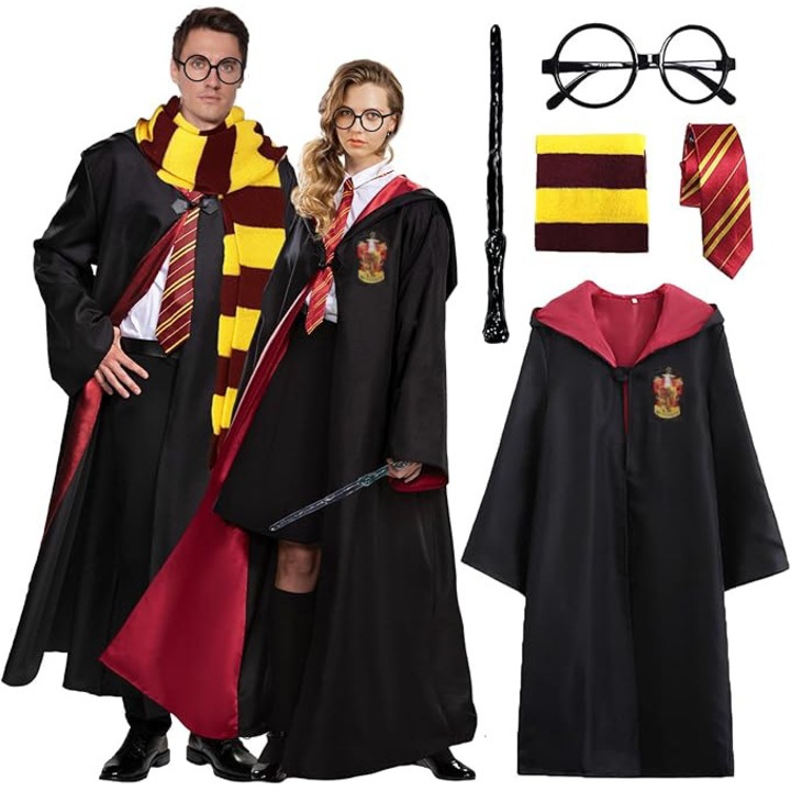 Costum complet adult Harry Potter Gryffindor, pelerină XXL, ochelari, baghetă, esarfă, cravată