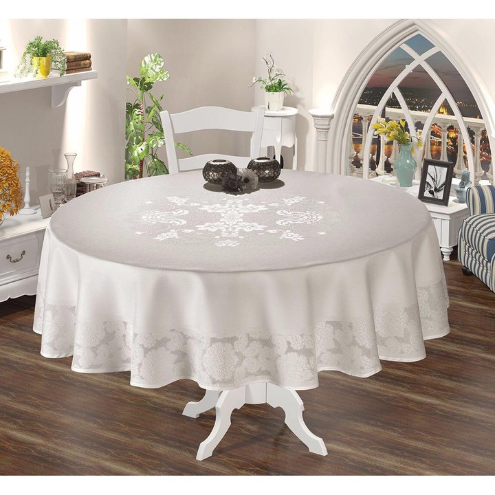 Fata de masa Rotunda, Eleganta, Impermeabila, Teflonata, 12 - 14 persoane, 240 cm, Alb