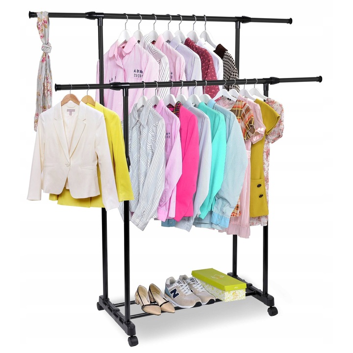 Стойка за дрехи Gockowiak, мобилна, двойна, на колела, черна