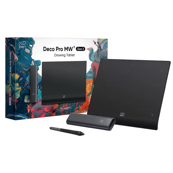 Tableta grafica XP-PEN Deco PRO MW Gen 2, 9x6", 16384 niveluri presiune, conexiune Bluetooth 5.0, Pen-Stand, 10 varfuri de rezerva, cu telecomanda ACK05