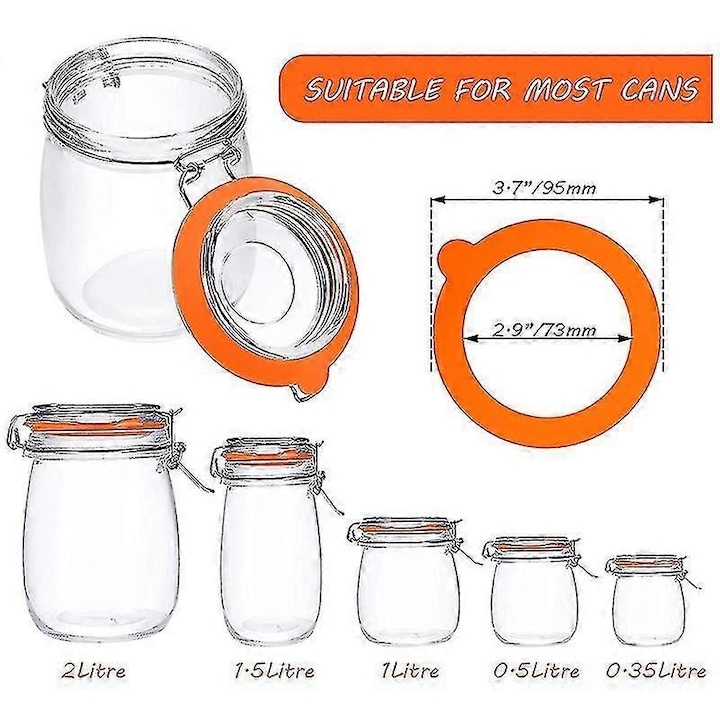 Set 12 bucati garnituri din silicon pentru borcane, alb+portocaliu+rosu, 9.5x6.9cm