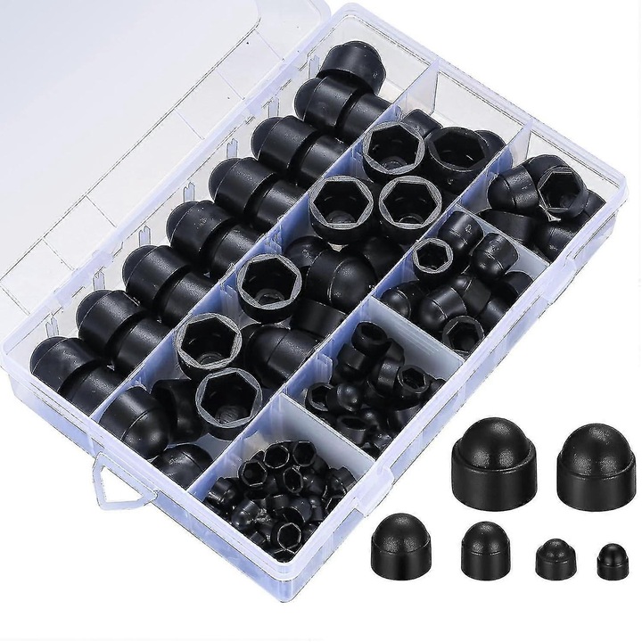 Set 145 bucati capace pentru suruburi, protectie piulite hexagonale, diverse dimensiuni, negru