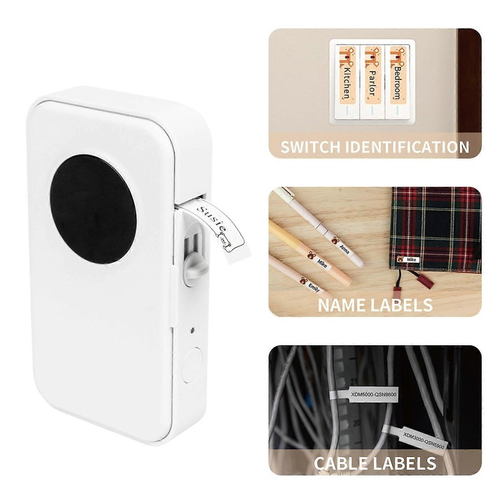 Imprimanta de etichete termica AIMO D35, mini, portabila, alba, 12mm, set cu 3 role de etichete