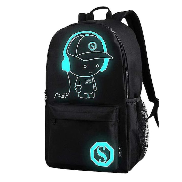 Rucsac cu USB, 26x12x43cm, capacitate mare, design luminos, negru