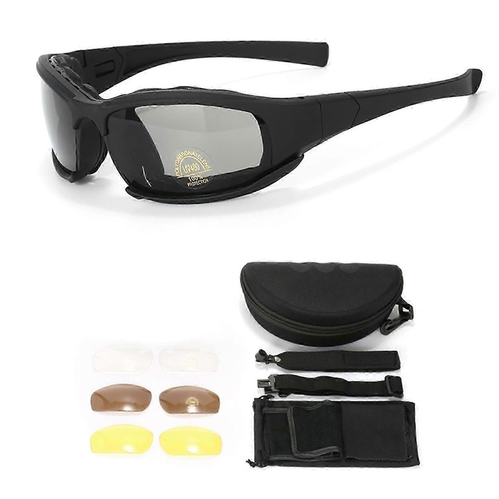 Ochelari de protectie pentru motocicleta, UV400, design windproof, negru, dimensiune standard, set 1 buc.