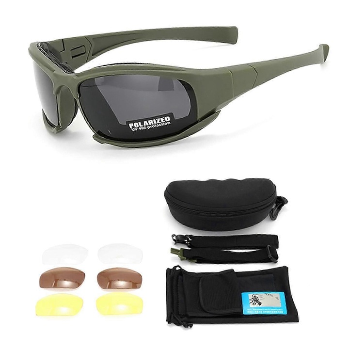 Ochelari de protectie pentru motocicleta, UV400, design windproof, verde militar, set 1 pereche