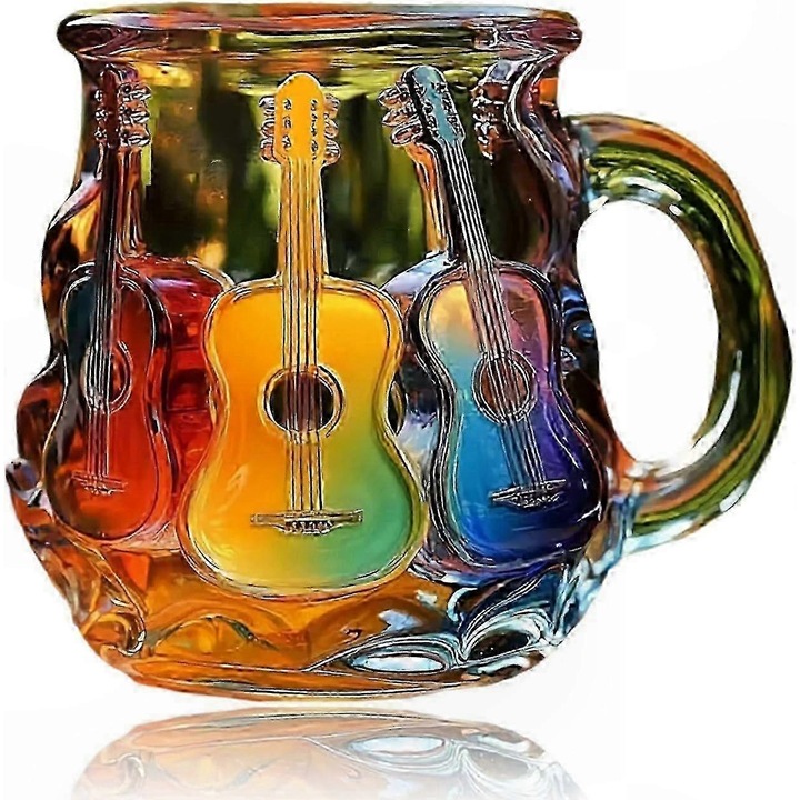 Стъклена чаша с 3D дизайн на китара, многоцветна, 473 мл
