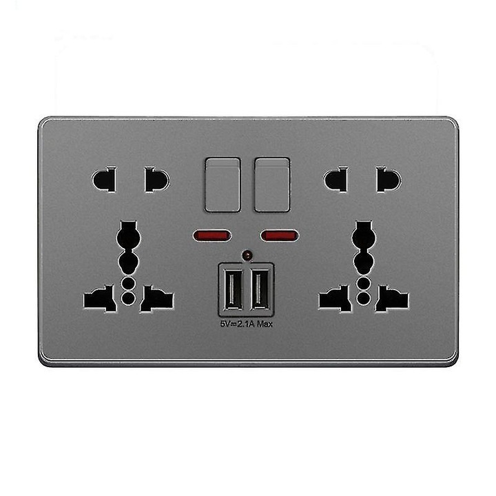 Контакт за стена с бутон, 2 USB порта 2.1A, 13A, сив, 86x146мм