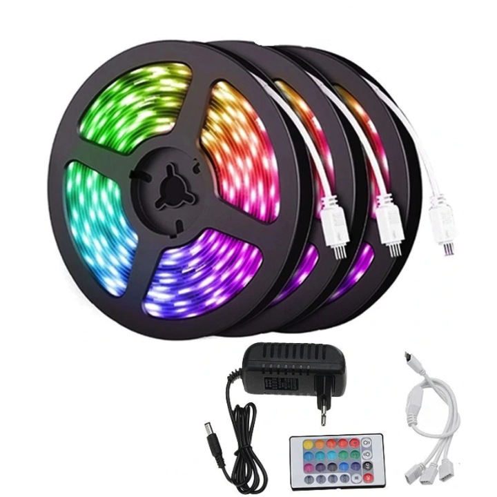 Kit Banda LED RGB Multicolor 15 m, Lily, 3 Role de 5m cu Telecomanda 24 Taste, Alimentare 12V