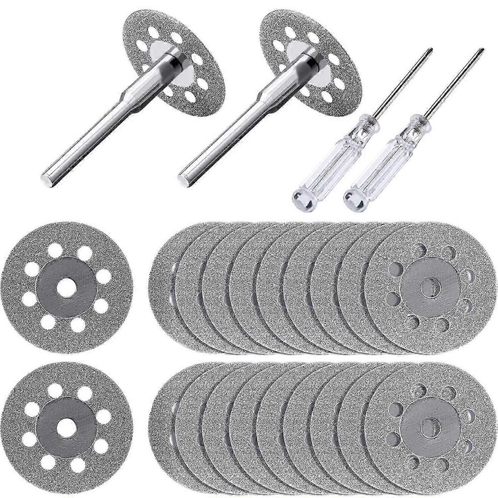 20 darabos 22 mm-es vágókorongkészlet 4 db 3 mm-es tokmánnyal, 2 db csavarhúzóval forgószerszámokhoz
