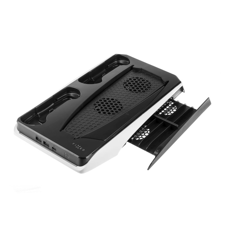 PS5 tartó töltéssel, hűtéssel, játéktárolóval, 2x USB, J31, Polikarbonát, Fekete