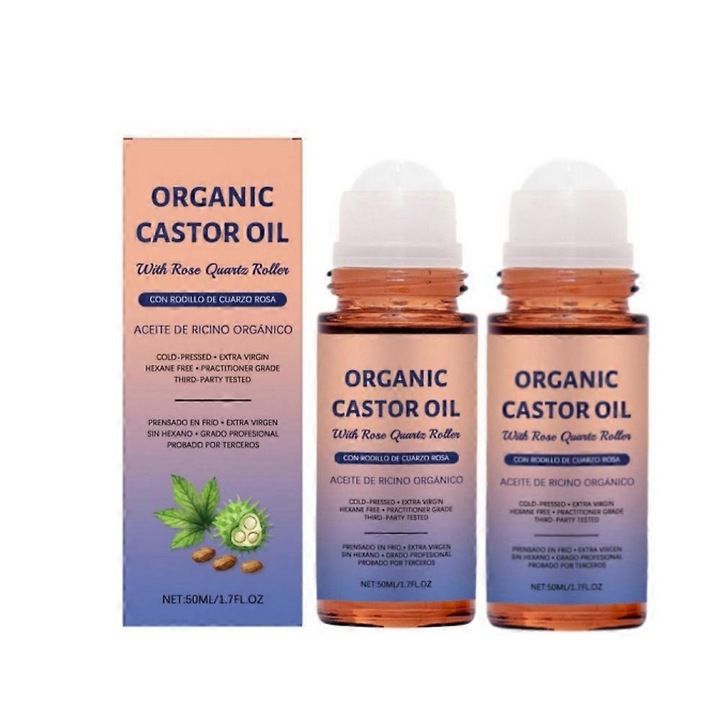 Ulei de ricin organic 50ml, set 2 bucati, design cu bila, hidratant pentru piele, fara conservanti chimici