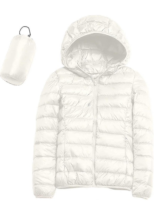 Női kapucnis dzseki, csomagolható kabát, fehér, pehely, 2XL INTL