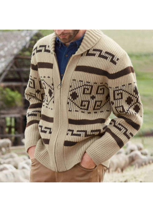 Мъжки пуловер с цип, плетен, бежов, плътен материал, 4XL INTL