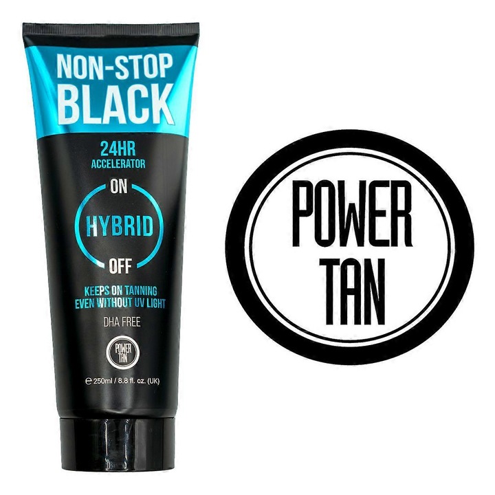 Автобронзиращ лосион Power Tan Non Stop Black, 250мл, аромат на праскова, с ефект за ускоряване на тена