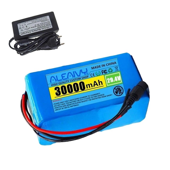 Pachet baterie litiu 24V 30Ah 7s3p cu incarcator 29.4V, dimensiuni 130x68x58mm, pentru biciclete electrice