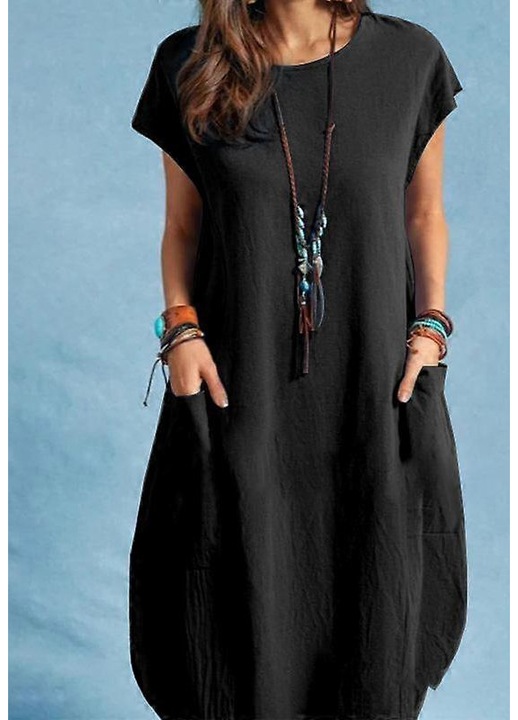 Alkalmi ruha, fekete, pamutbol, rovid ujju, oldalso zsebekkel