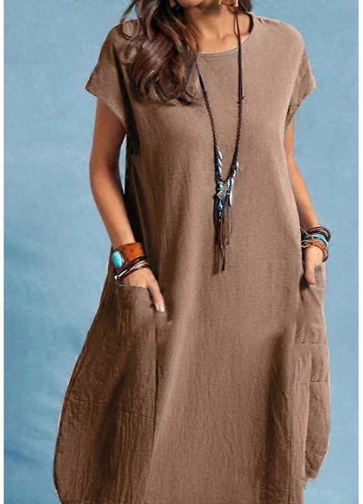 Női ruha, rövid ujjú, O-nyakú, barna, 100% pamut