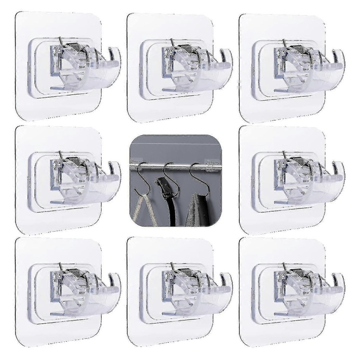 Set 8 suporturi pentru perdele, plastic si inox, autoadezive, pentru diametru 1-2 cm, transparent