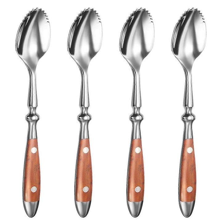 Linguri pentru grapefruit, set 4 bucati, inox, maner din lemn, design ergonomic