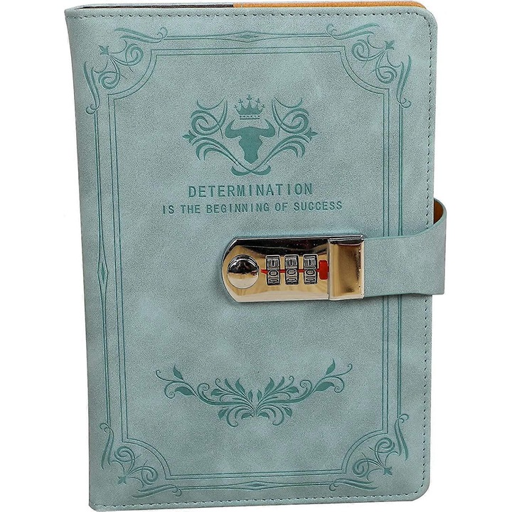 Agenda cu lacat, jurnal cu notepad, 38 sectiuni, piele PU, albastru, A5