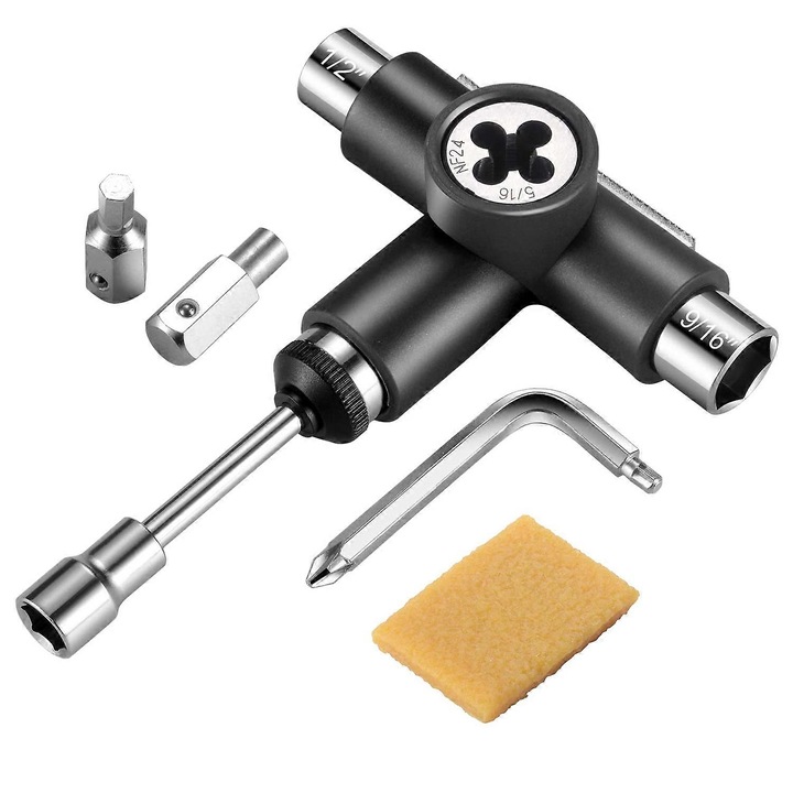 Trusa multifunctionala pentru skateboard, 13.5x10.3cm, neagra, cu stergator de griptape