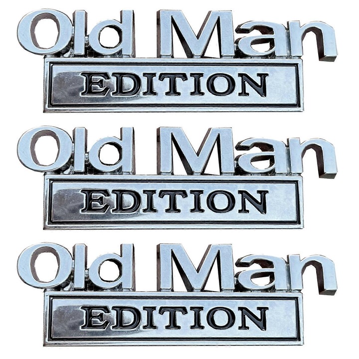 3D метални емблеми за кола Old Man Edition, комплект от 3, сребристо-черни, водоустойчиви, за всички превозни средства