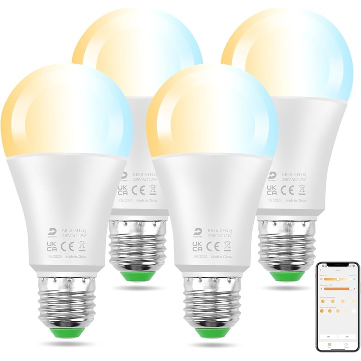 Becuri LED Smart A60 E27, Dusktec, 12W, 1300LM, dimmabil 1-100%, set 4 bucati