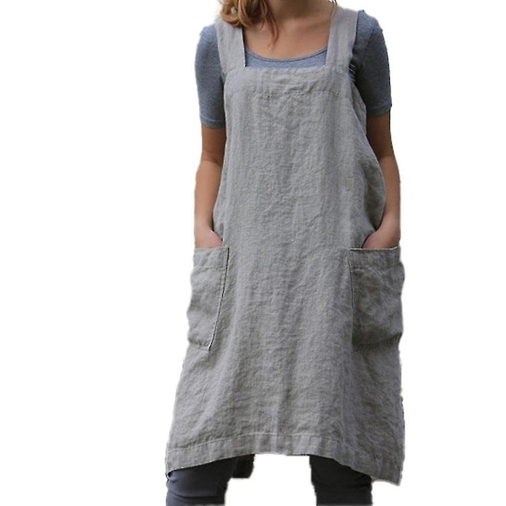 Sorturi bucatarie, sort din bumbac si in, design cu spate incrucisat, cu buzunare, gri, L