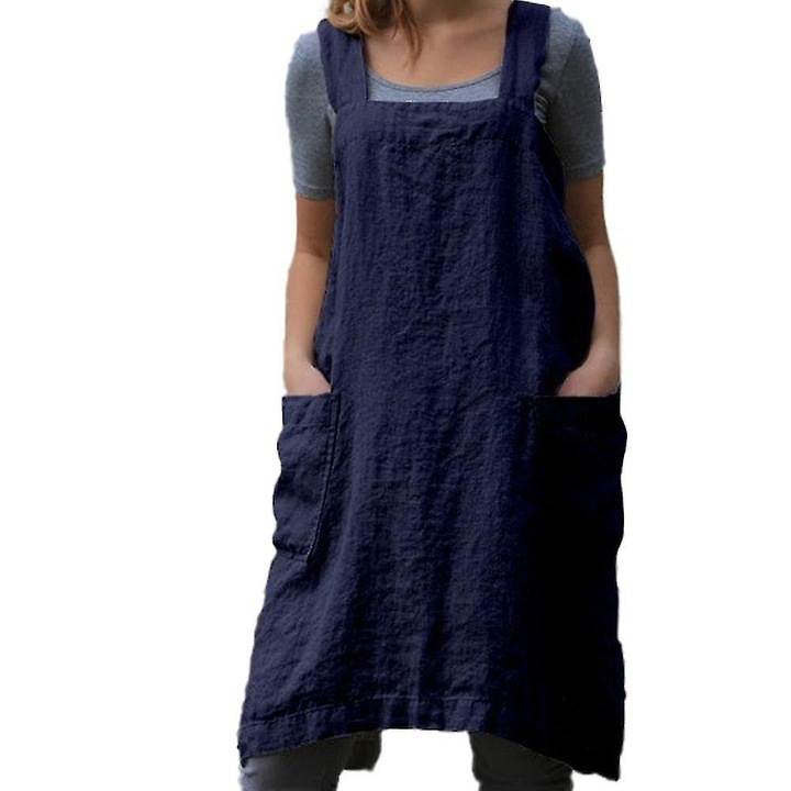 Sorturi bucatarie si gratar, Pantalon de lucru din bumbac si in, design cu spate incrucisat, cu buzunare, albastru, L