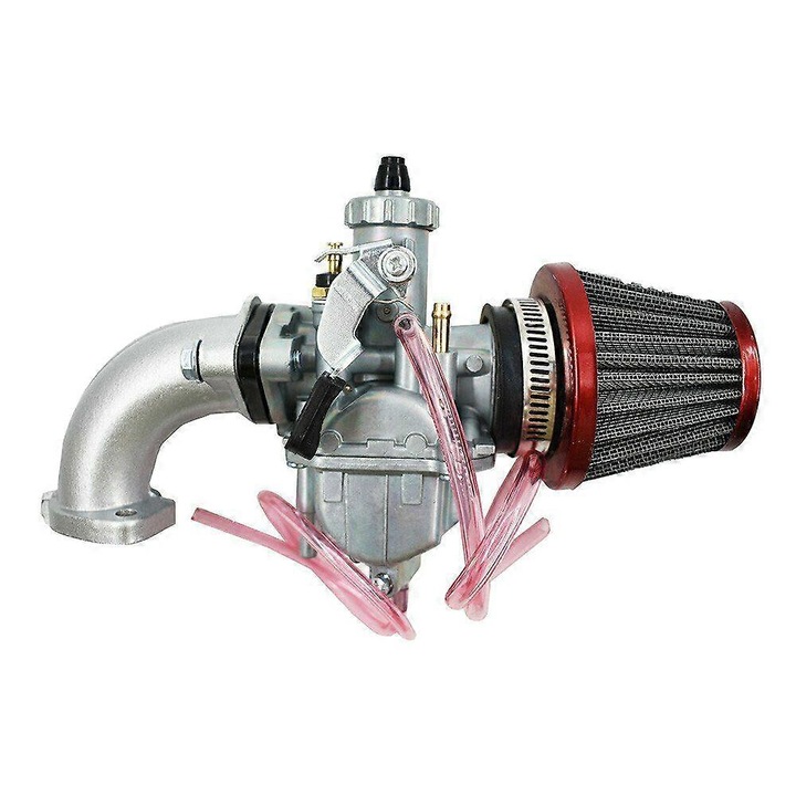 Carburator VM22 26mm, set cu filtru de aer si conducta de admisie, pentru motoare 110cc, 125cc, 140cc, argintiu/negru