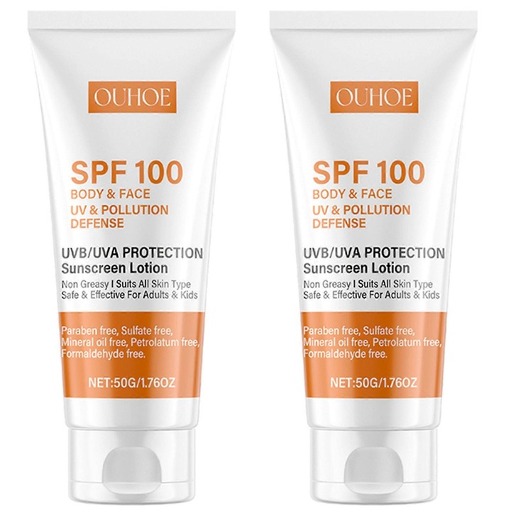Crema de protectie solara Sun Block Defence SPF100, 2 bucati, textura usoara, rezistenta la apa, 50g