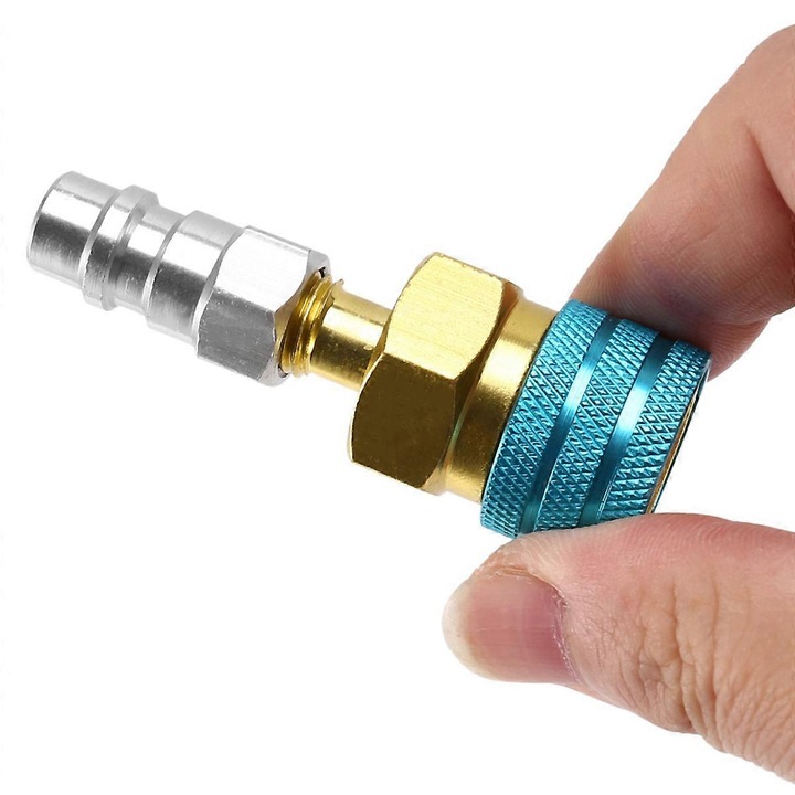 Бърза връзка R1234YF към R134A, адаптер за маркуч за автомобилен климатик, размер 14 мм x 1/4 инча, син + жълт + сребрист