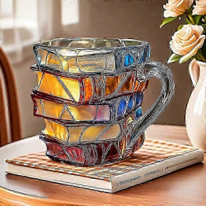 Cana 3D cu design carti, set 2 bucati, sticla borosilicata, 350ml, multicolor