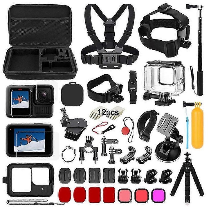 Комплект аксесоари за GoPro Hero 13 Black, водоустойчив калъф, защита от закалено стъкло, каишка за гърди, селфи стик