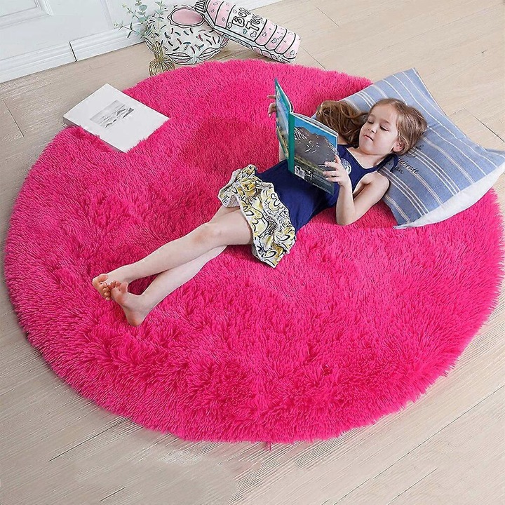 Covor rotund, 140x140cm, roz, pentru camera copiilor, cu spate din cauciuc