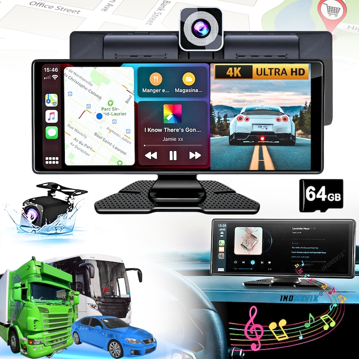 Мултимедийна автомобилна навигация INOMEVIX®, тъчскрийн дисплей 10.26 инча IPS HD, съвместима с Apple CarPlay и Android Auto, двойна камера за запис, предна камера 4K, задна камера 1080P, карта 64GB, гласов контрол, MirrorLink, DVR, Wi-Fi, Bluetooth