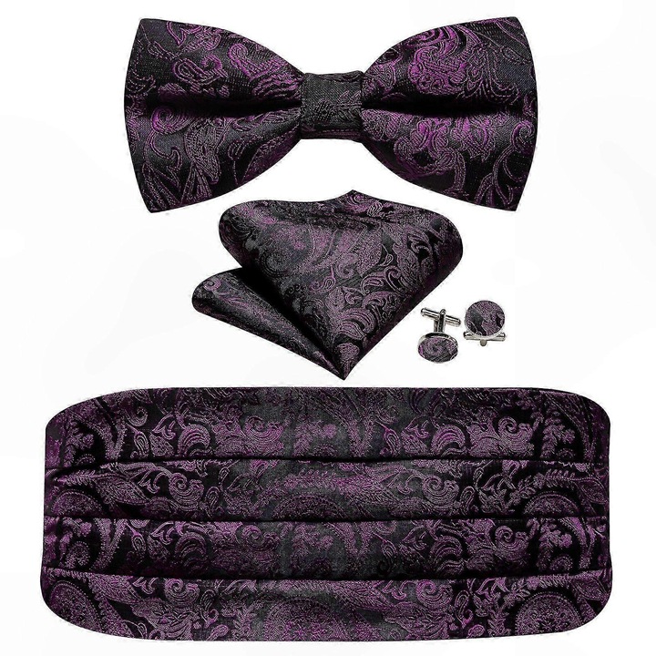 Férfi csokornyakkendő szett, 3 darabos, selyem és poliészter, állítható, fekete, 69x103 cm