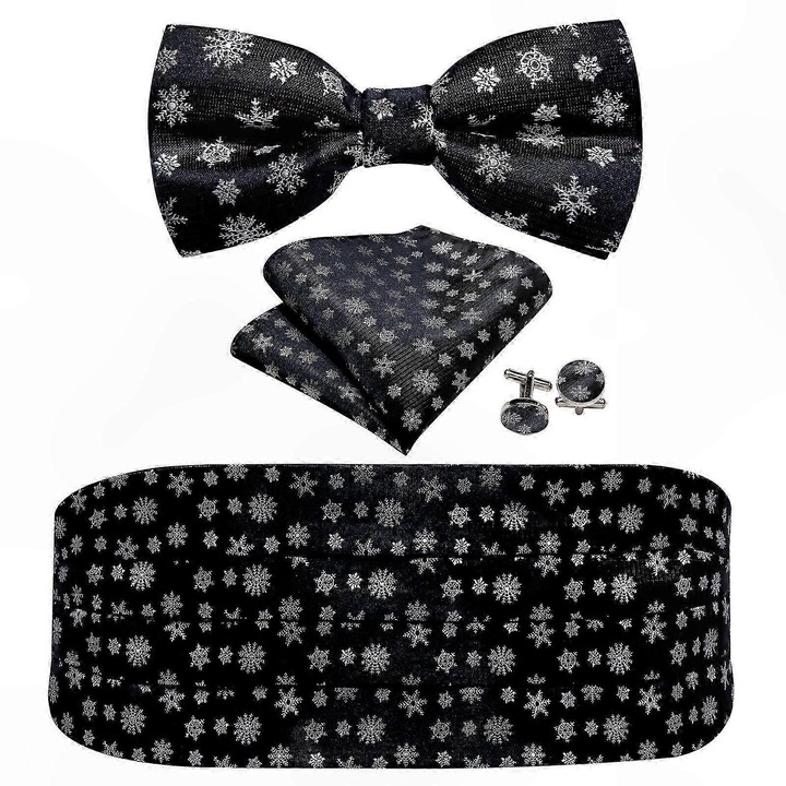 Férfi csokornyakkendő szett, 3 darabos, selyem és poliészter, állítható, fekete, 69x103 cm