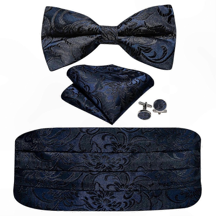 Férfi csokornyakkendő szett, 3 darabos, selyem és poliészter, állítható, sötétkék, 69x101 cm