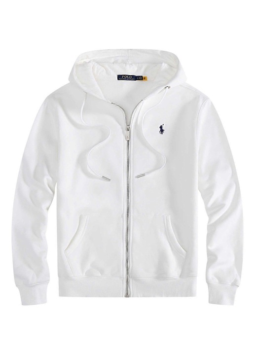 Hanorac barbati, cardigan cu gluga, bumbac, alb, stil sportiv, detalii broderie