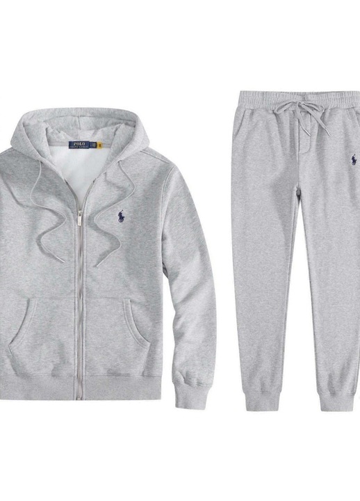 Set hanorac cu gluga si pantaloni de trening, bumbac, gri, stil sportiv, casual